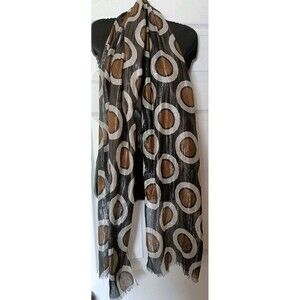 Echo Oblong Scarf Metallic Black Silver Gold Repeated Circles Long  80"X20"
